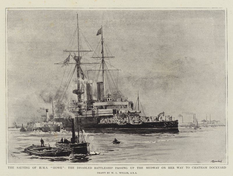 The Salving of HMS Howe, det funksjonshemmede slagskipet som passerer opp Medway på vei til Chatham Dockyard av William Lionel Wyllie