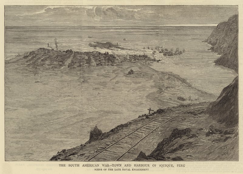 Den søramerikanske krigen, byen og havnen i Iquique, Peru av William Lionel Wyllie