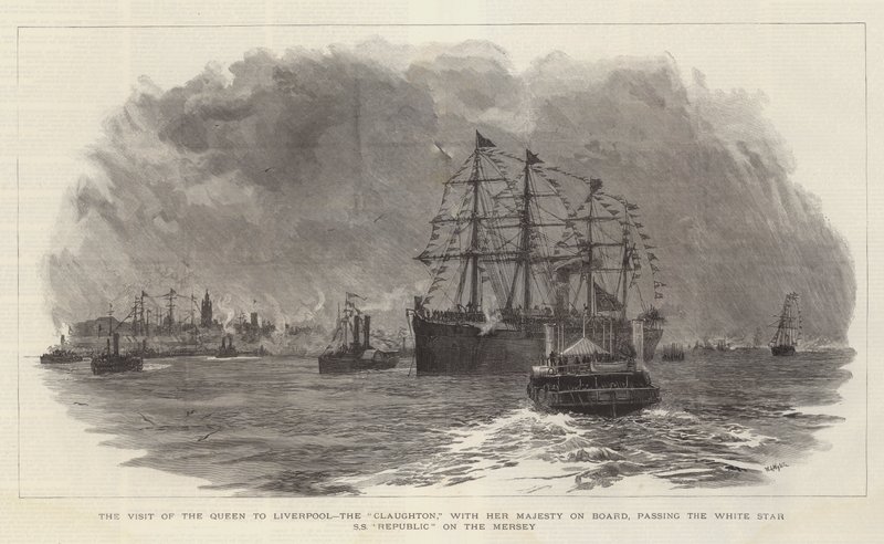 Dronningens besøk i Liverpool, Claughton, med Hennes Majestet om bord, forbi White Star SS Republic på Mersey av William Lionel Wyllie