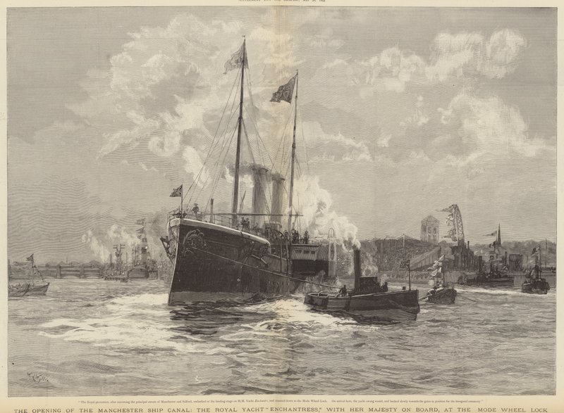 Åpningen av Manchester Ship Canal, Royal Yacht Enchantress med Hennes Majestet om bord, ved Mode Wheel Lock av William Lionel Wyllie