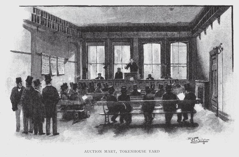 Auction Mart, Tokenhouse Yard (litho) av William Luker