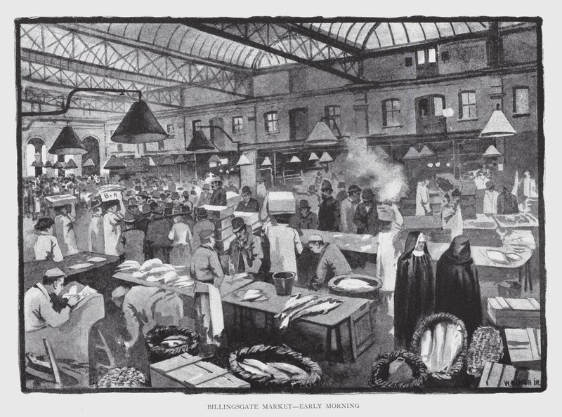 Billingsgate Market, tidlig morgen (litho) av William Luker