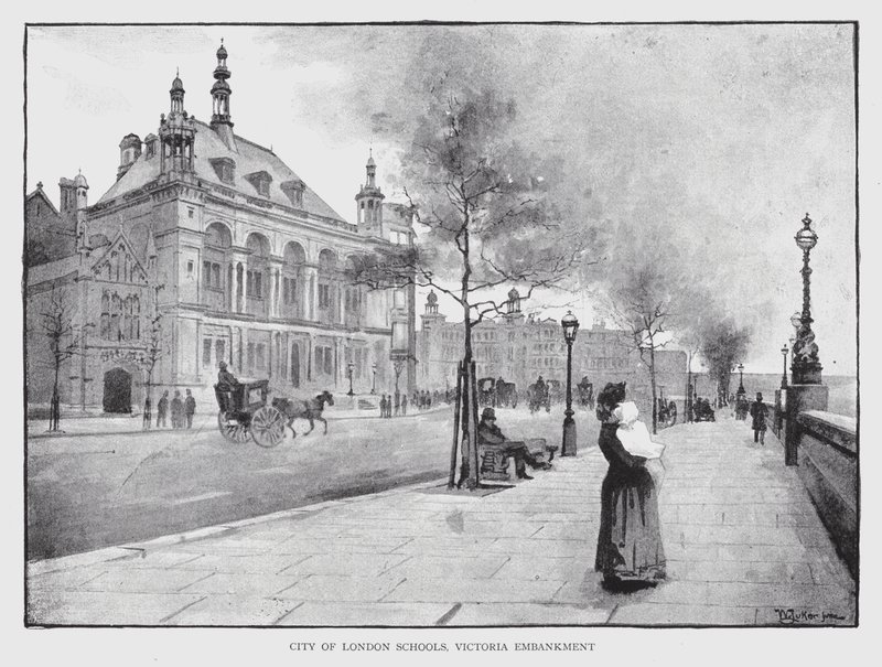 City of London Schools, Victoria Embankment (litho) av William Luker