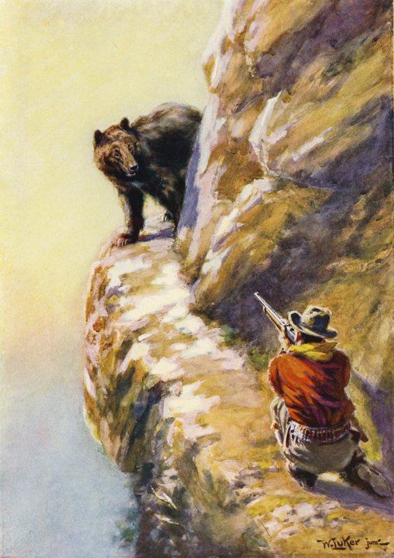 Konfrontasjon mellom en mann og en bjørn på en smal fjellhylle (farge litho) av William Luker