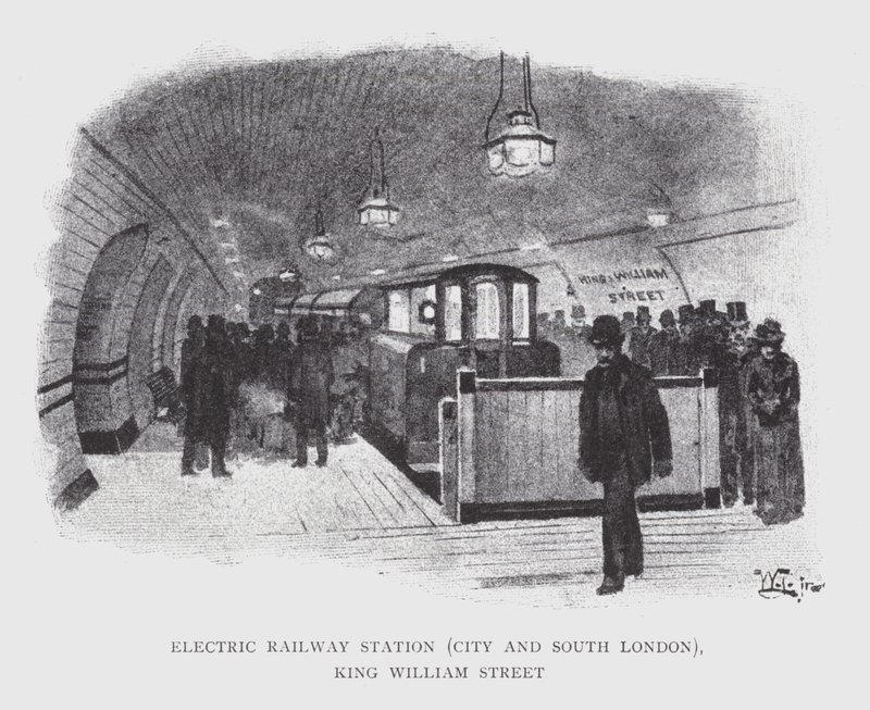 Electric Railway Station, City og South London, King William Street (litho) av William Luker