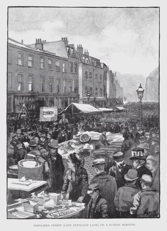 Middlesex Street, sent Petticoat Lane, på en søndag morgen (litho) av William Luker