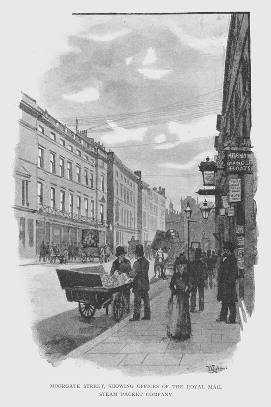 Moorgate Street, som viser kontorene til Royal Mail Steam Packet Company (litho) av William Luker