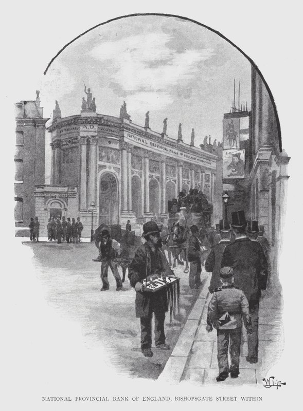 National Provincial Bank of England, Bishopsgate Street innenfor (litho) av William Luker