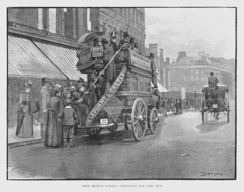 New Bridge Street, kamp for 'bussen (litho) av William Luker