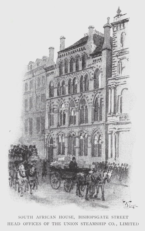 South African House, Bishopsgate Street, hovedkontorer til Union Steamship Co, Limited (litho) av William Luker