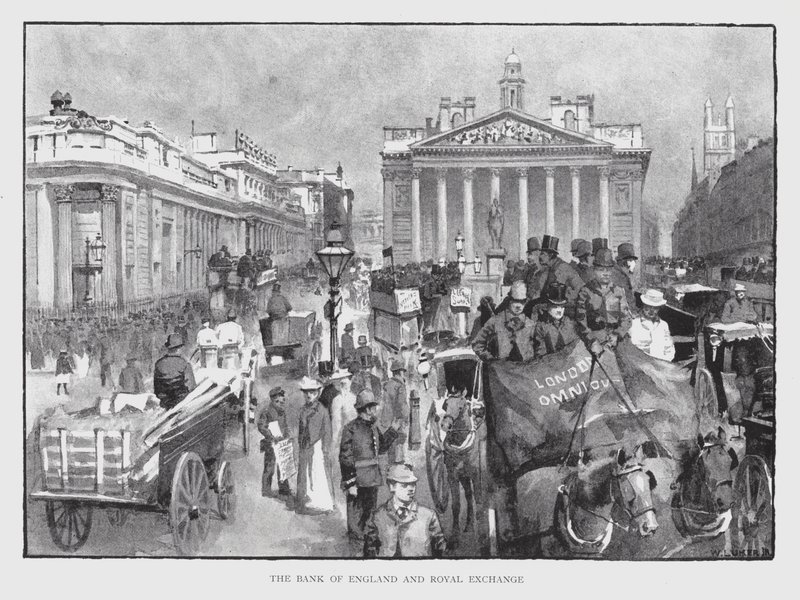 Bank of England og Royal Exchange (litho) av William Luker