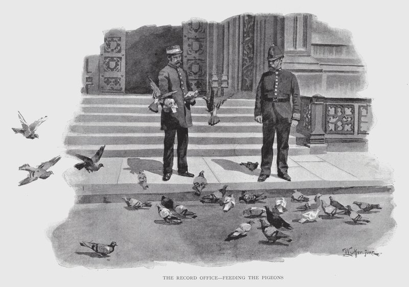 Record Office, Feeding the Pigeons (litho) av William Luker