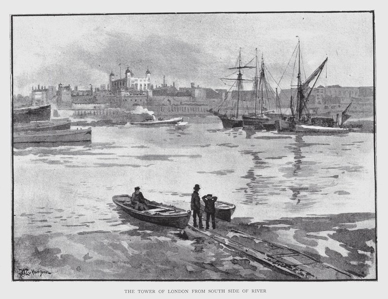Tower of London fra South Side of River (litho) av William Luker