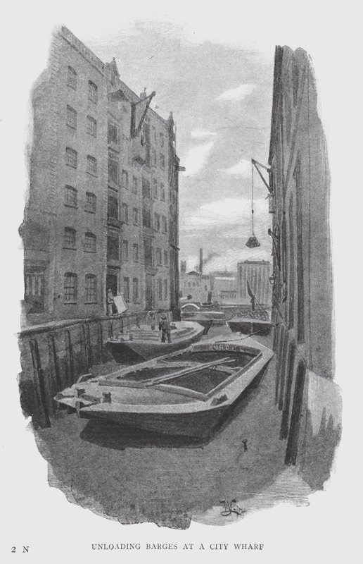 Lossing av lektere ved en bybrygge (litho) av William Luker