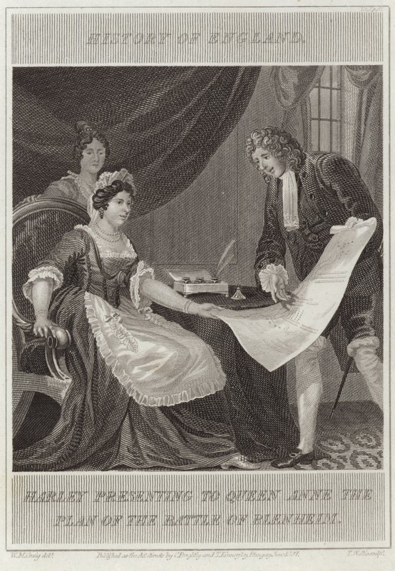 Harley presenterer for dronning Anne planen for slaget ved Blenheim av William Marshall Craig