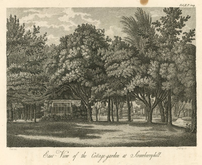 Østutsikt over hyttehagen ved Strawberry Hill, Twickenham, London av William Pars
