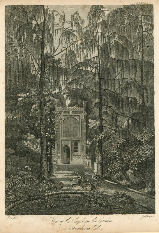 Utsikt over kapellet i hagen ved Strawberry Hill, Twickenham, London av William Pars