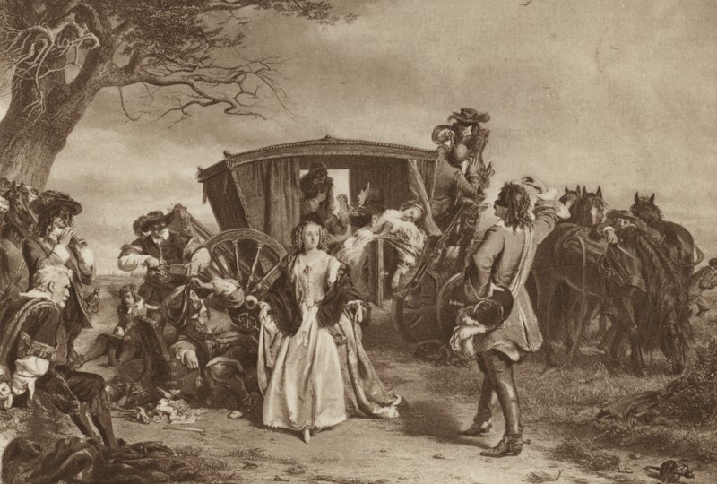 Familie holdt oppe av den franske motorveimannen Claude Duval (litho) av William Powell (after) Frith