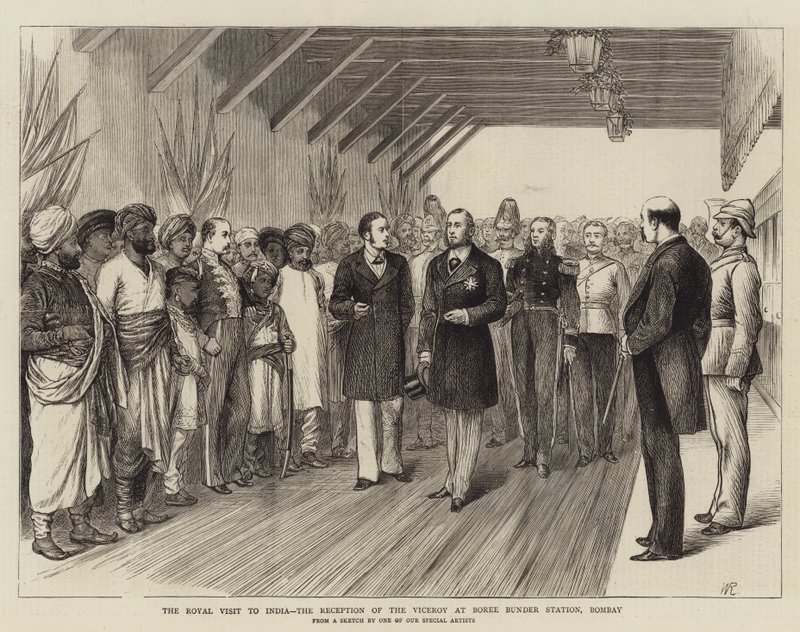 Det kongelige besøket til India, mottaket av visekongen på Boree Bunder Station, Bombay av William Ralston