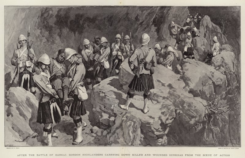 Etter slaget ved Dargai, bærer Gordon Highlanders ned drepte og sårede gurkher fra handlingsscenen av William Small
