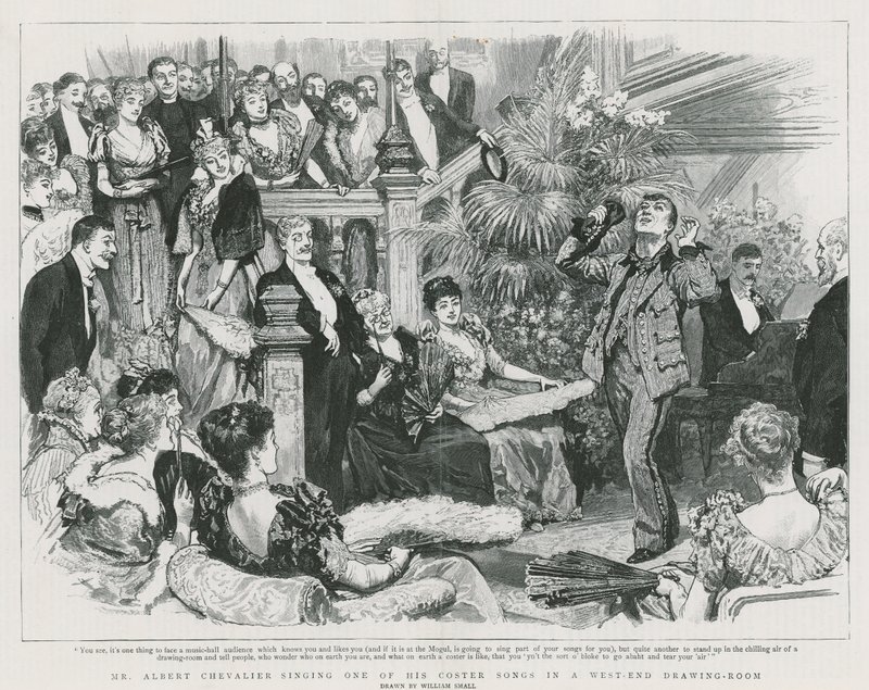 Mr Albert Chevalier synger en av hans coster-sanger i en West End-salong (gravering) av William Small