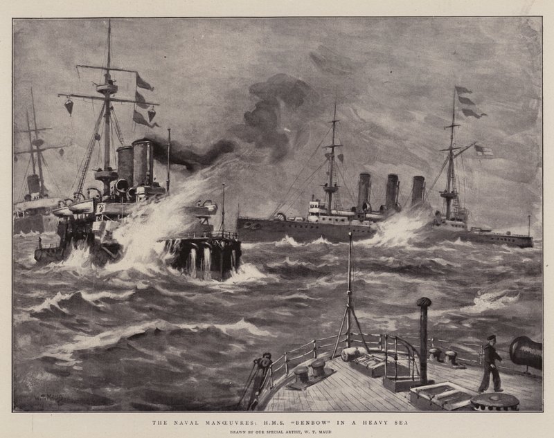 Sjømanøvrene, H M S Benbow in a Heavy Sea av William T. Maud