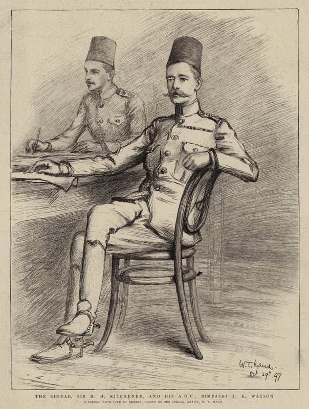 Sirdaren, Sir HH Kitchener, og hans ADC, Bimbashi JK Watson (litho) av William T. Maud