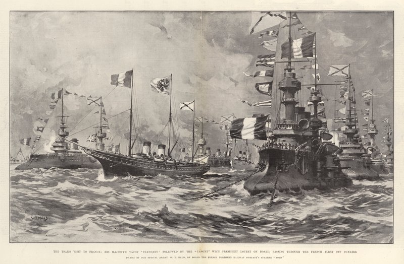 Tsarens besøk i Frankrike, Hans Majestets Yacht Standart etterfulgt av Cassini med president Loubet om bord, som passerer gjennom den franske flåten utenfor Dunkerque av William T. Maud
