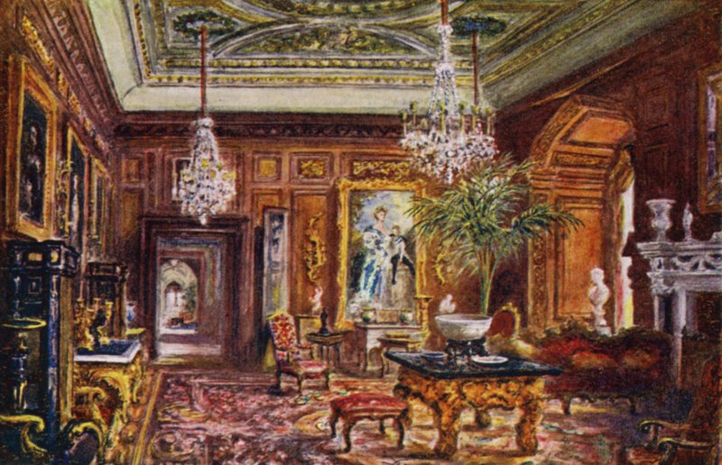 Warwick Castle: Cedar Drawing Room (litho-farge) av William W. Quatremain