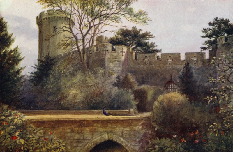 Warwick Castle: The Moat Bridge (farge litho) av William W. Quatremain