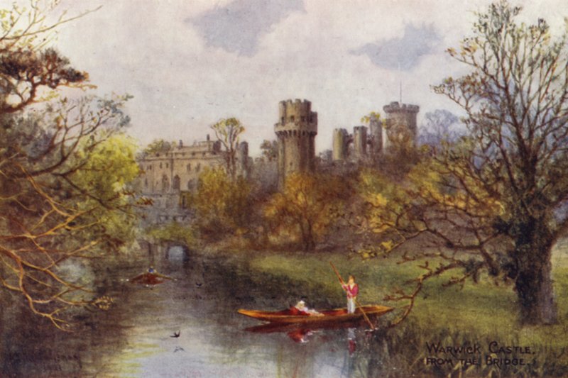 Warwick Castle, fra broen (farge litho) av William W. Quatremain