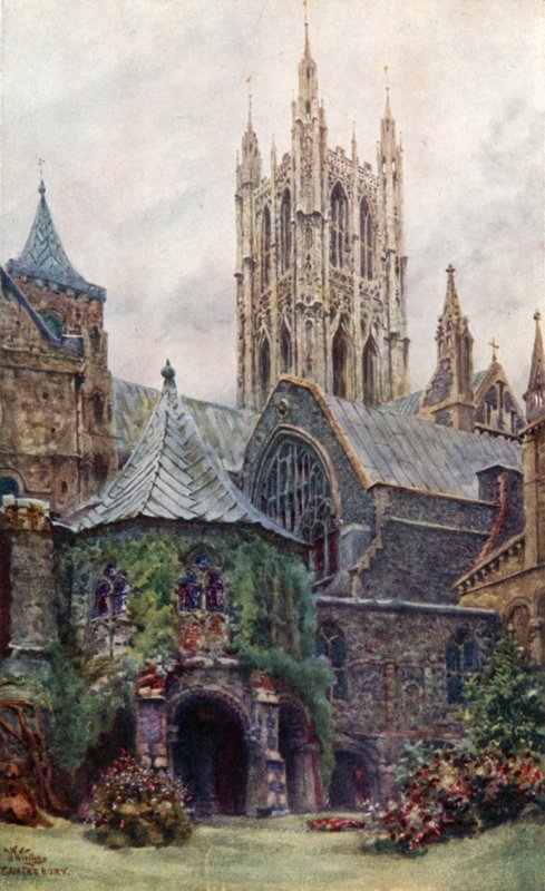 Canterbury, dåpskapellet og kapittelhuset (farge litho) av William Wiehe Collins