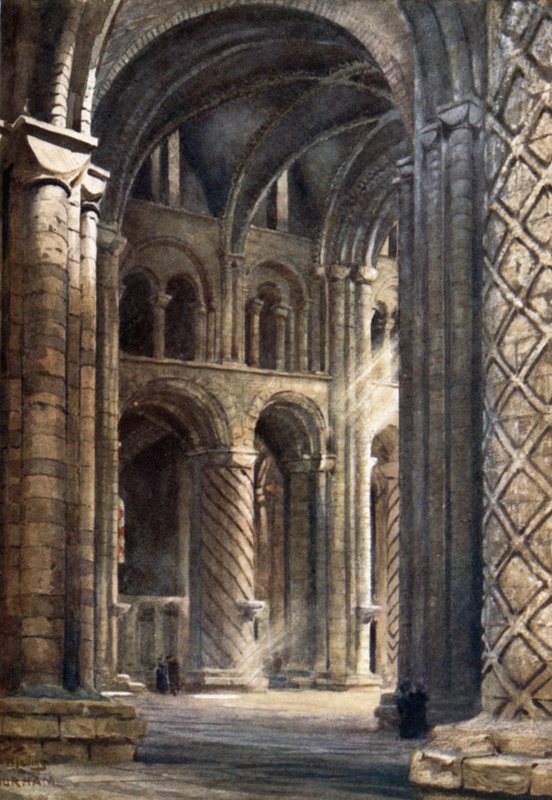 Durham, interiøret i katedralen ser over skipet inn i South Transept (farge litho) av William Wiehe Collins