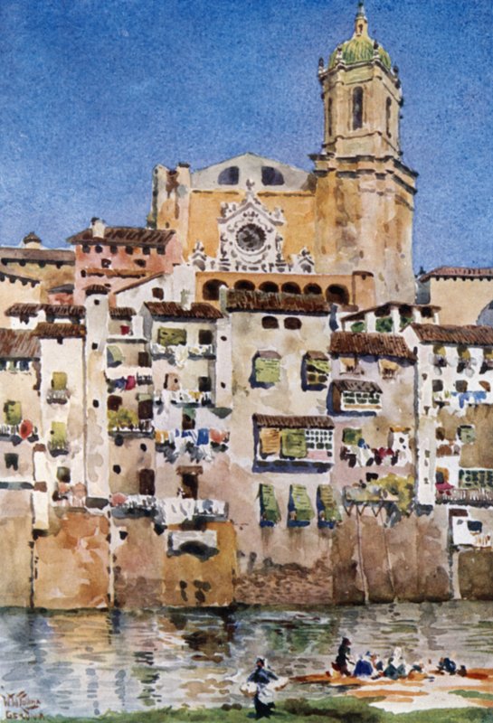 Gerona, katedralen (farge litho) av William Wiehe Collins