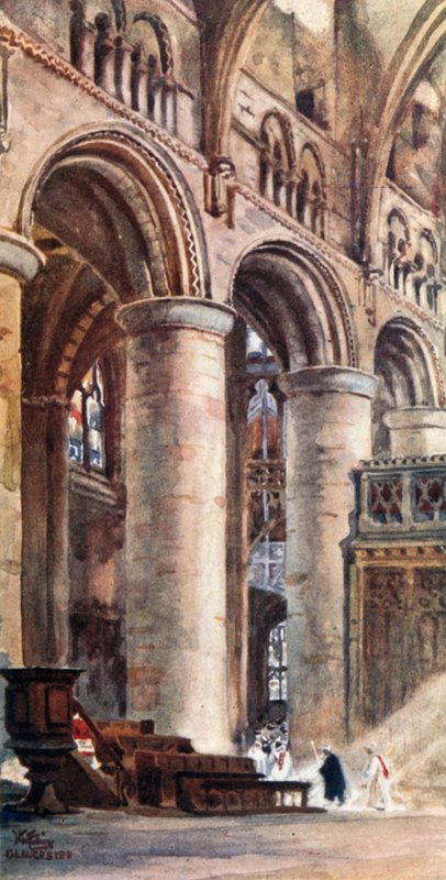 Gloucester, indre av skipet (farge litho) av William Wiehe Collins