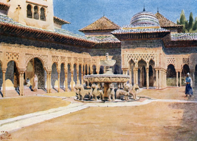 Granada, Alhambra, Lions Court (farge litho) av William Wiehe Collins