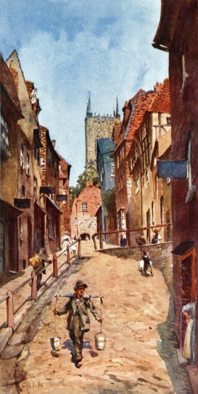 Lincoln, the Steep Hill (farge litho) av William Wiehe Collins