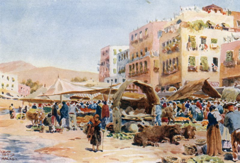 Malaga, markedet (farge litho) av William Wiehe Collins