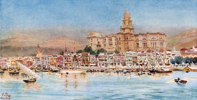 Malaga, utsikt fra havnen (farge litho) av William Wiehe Collins