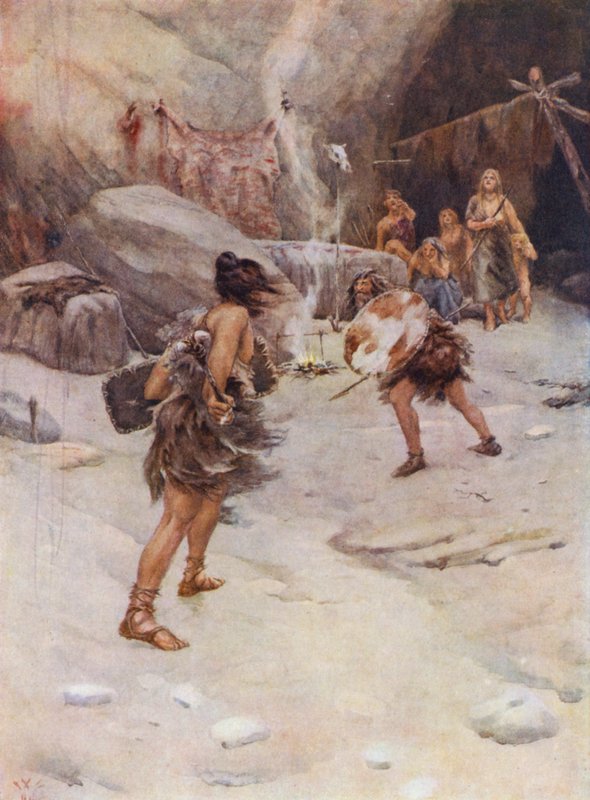 Forhistorisk mann (farge litho) av William Wiehe Collins
