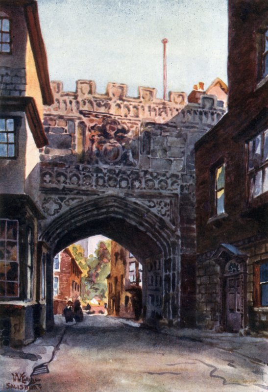 Salisbury, High Street Gateway into the Close (farge litho) av William Wiehe Collins