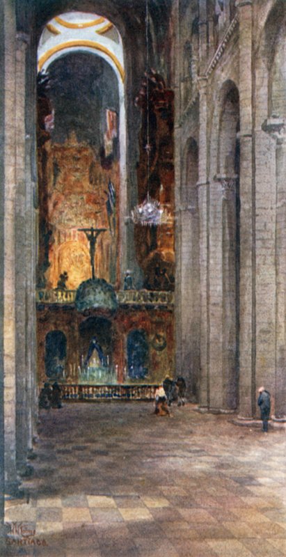 Santiago, interiøret i katedralen (farge litho) av William Wiehe Collins