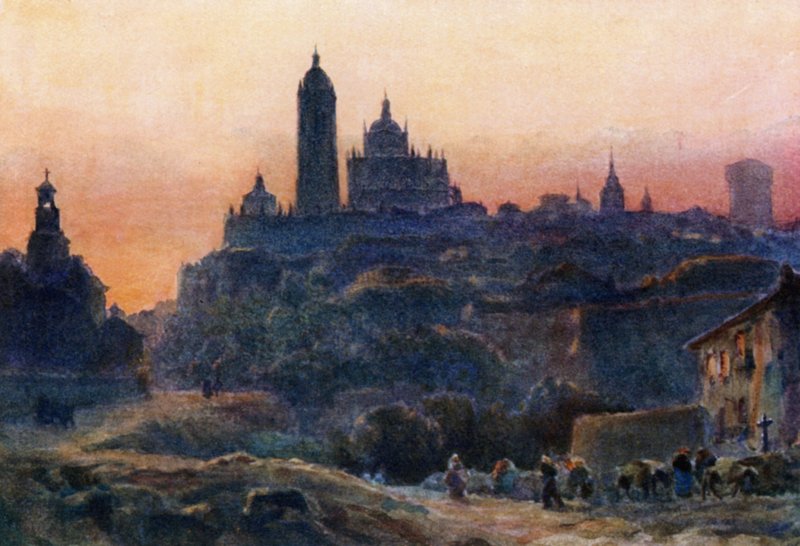 Segovia, ved solnedgang (farge litho) av William Wiehe Collins