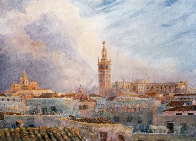 Sevilla, utsikt over byen (farge litho) av William Wiehe Collins