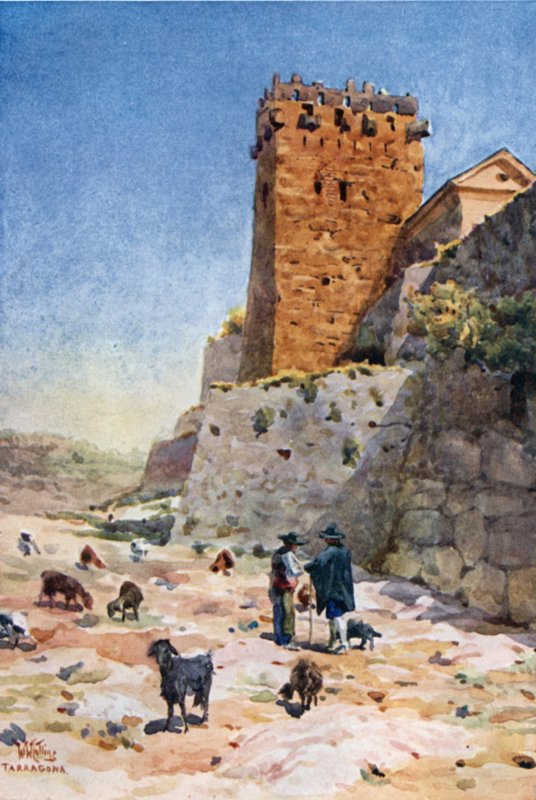 Tarragona, erkebiskopens tårn (farge litho) av William Wiehe Collins