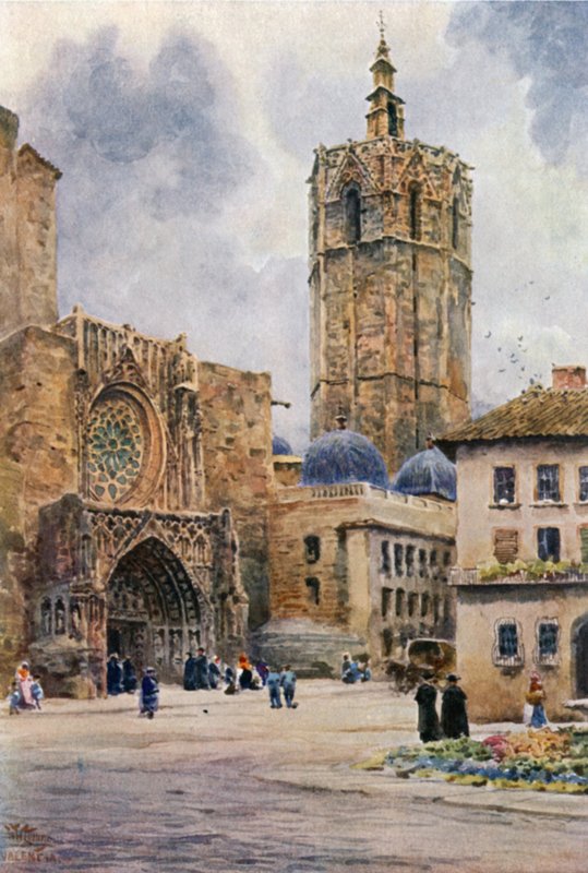 Valencia, døren til katedralen (farge litho) av William Wiehe Collins