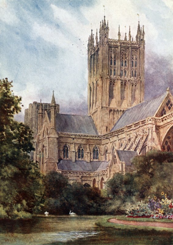 Wells, Cathedral and the Pools (farge litho) av William Wiehe Collins