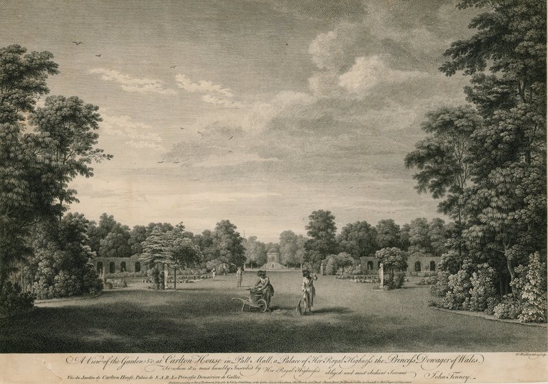 Utsikt over hagen ved Carlton House i Pall Mall, et palass til Hennes Kongelige Høyhet Prinsesse Enkeprinsen av Wales av William Woollett
