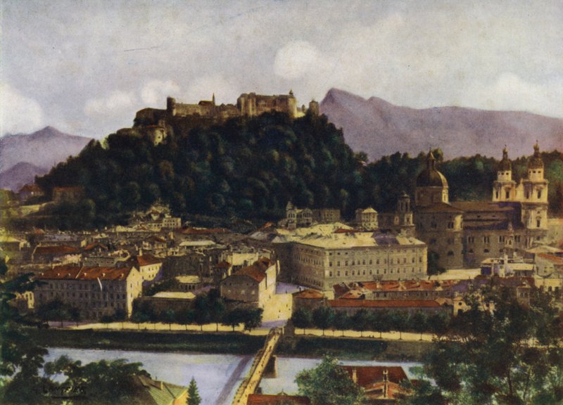 En utsikt over Salzburg og Hohen-Salzburg, Østerrike av after A. Langfier
