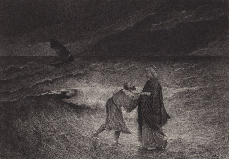 Jesus og St Peter på havet av after Albert Robida